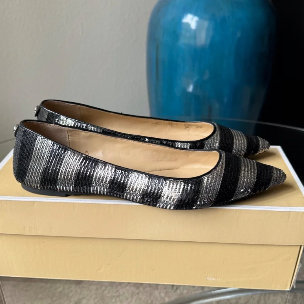 MICHAEL Michael Kors ARIANNA Black&Silver SEQUIN Stripe Flats = US6.5 - Picture 4 of 8